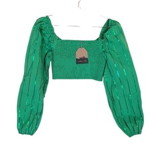 MAIN STRIP Kelly Green Long Puff Sleeve Sequin Cropped Top Size L